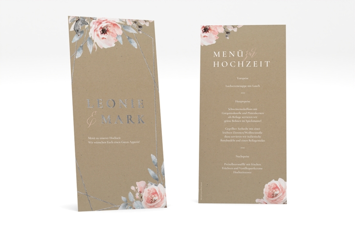 Menükarte Hochzeit Perfection lange Karte hoch Kraftpapier silber mit rosa Rosen