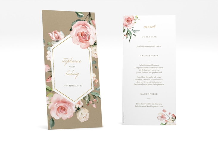 Menükarte Hochzeit Graceful lange Karte hoch Kraftpapier gold mit Rosenblüten in Rosa und Weiß