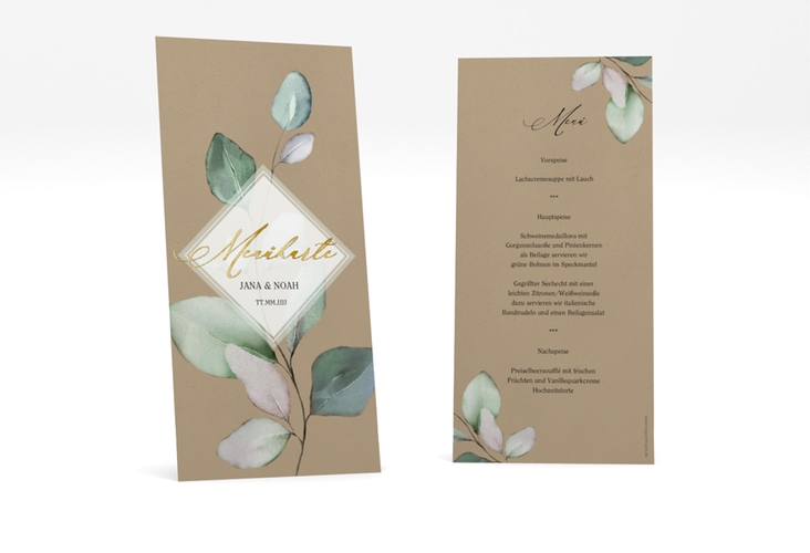 Menükarte Hochzeit Foglia lange Karte hoch Kraftpapier gold edel mit Eukalyptus im Aquarell-Design