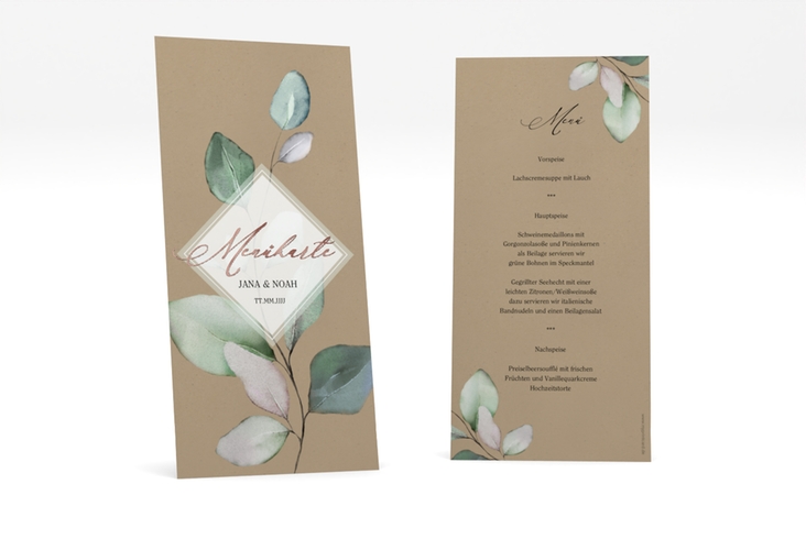 Menükarte Hochzeit Foglia lange Karte hoch Kraftpapier rosegold edel mit Eukalyptus im Aquarell-Design