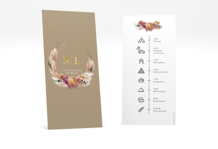 Tagesablauf Hochzeit Bohochic lange Karte hoch Kraftpapier gold