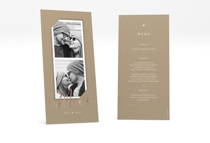 Menükarte Hochzeit Crafty lange Karte hoch Kraftpapier rosegold