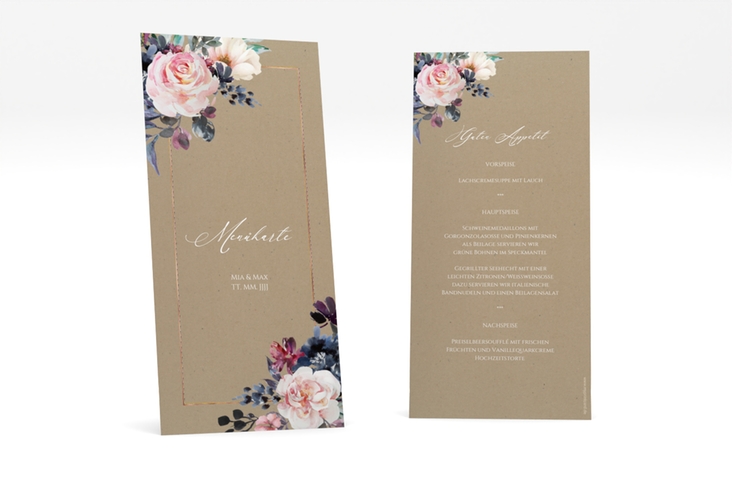 Menükarte Hochzeit Abendlicht lange Karte hoch Kraftpapier rosegold