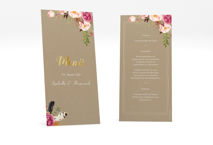 Menükarte Hochzeit Flowers lange Karte hoch Kraftpapier gold mit bunten Aquarell-Blumen