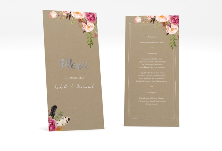 Menükarte Hochzeit Flowers lange Karte hoch Kraftpapier silber mit bunten Aquarell-Blumen