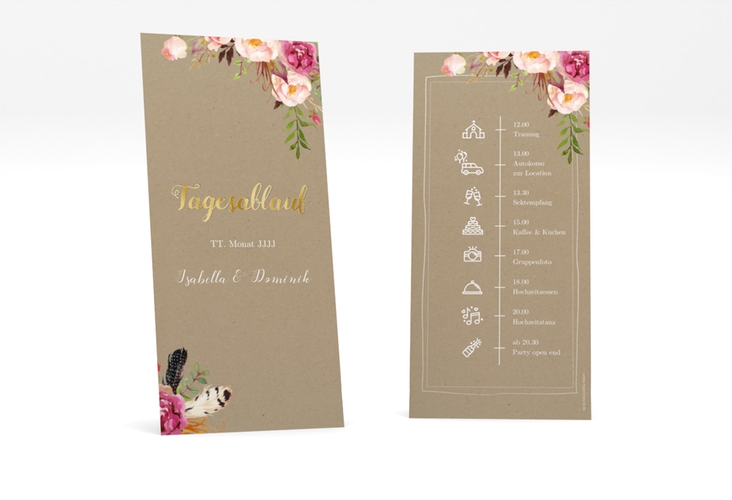 Tagesablauf Hochzeit Flowers lange Karte hoch Kraftpapier gold mit bunten Aquarell-Blumen