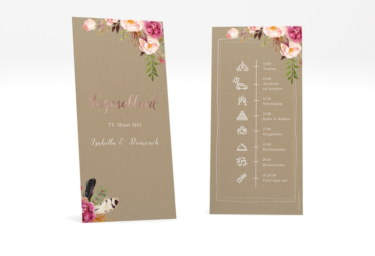 Tagesablauf Hochzeit Flowers lange Karte hoch Kraftpapier rosegold mit bunten Aquarell-Blumen