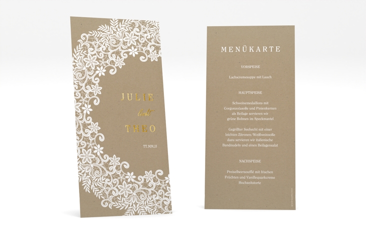 Menükarte Hochzeit Mariage lange Karte hoch Kraftpapier gold mit Bogen aus weißer Spitze