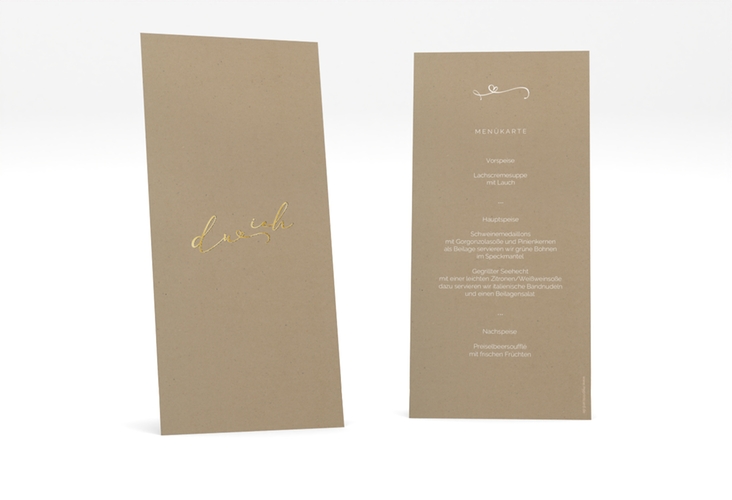 Menükarte Hochzeit Zweisamkeit lange Karte hoch Kraftpapier gold im minimalistischen Stil mit Aufschrift du & ich