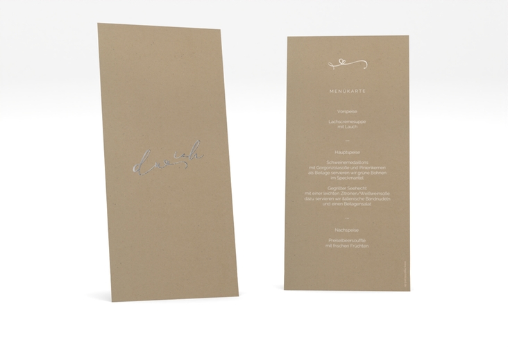 Menükarte Hochzeit Zweisamkeit lange Karte hoch Kraftpapier silber im minimalistischen Stil mit Aufschrift du & ich