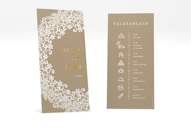 Tagesablauf Hochzeit Mariage lange Karte hoch Kraftpapier gold mit Bogen aus weißer Spitze