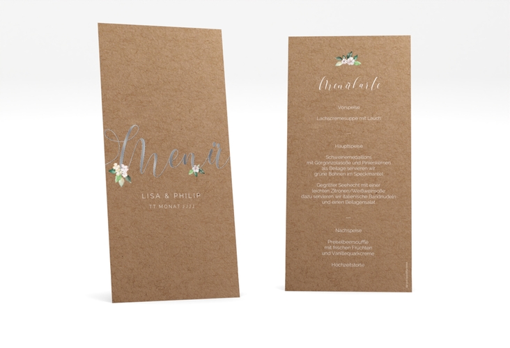 Menükarte Hochzeit Inlove lange Karte hoch Kraftpapier silber