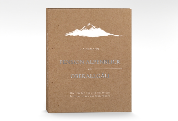 Gästemappe Ferienwohnung A4 Alpenblick Gästemappe A4 Kraftpapier silber mit Berggipfel-Motiv