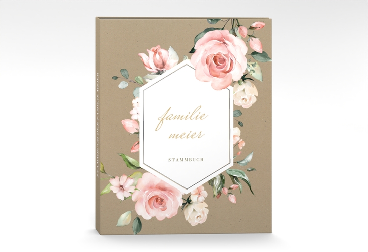 Stammbuch A4 Graceful Stammbuch A4 Kraftpapier silber mit Rosenblüten in Rosa und Weiß