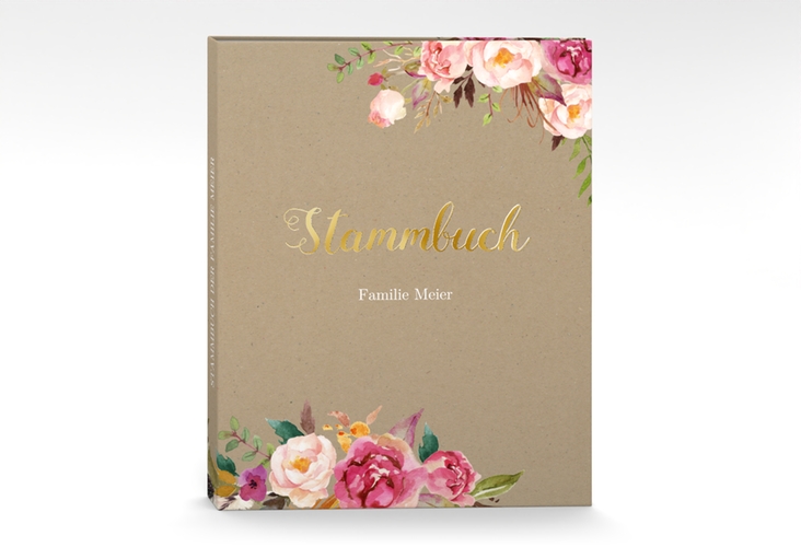 Stammbuch A4 Flowers Stammbuch A4 Kraftpapier gold mit bunten Aquarell-Blumen
