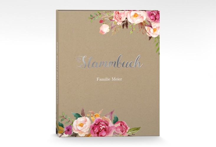 Stammbuch A4 Flowers Stammbuch A4 Kraftpapier silber mit bunten Aquarell-Blumen