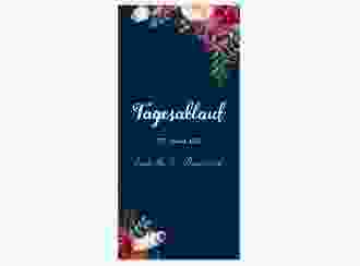 Tagesablauf Hochzeit Flowers lange Karte hoch blau mit bunten Aquarell-Blumen