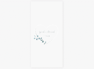 Klick: Details zu Tagesablauf Hochzeit "Greenheart" anzeigen Tagesablauf Hochzeit Greenheart lange Karte hoch grau mit elegantem Herz und Eukalyptus-Zweig