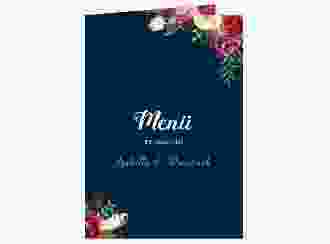 Menükarte Hochzeit Flowers A5 Klappkarte hoch blau mit bunten Aquarell-Blumen