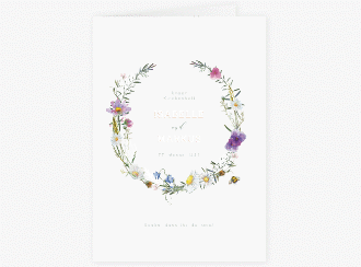Klick: Details zu Kirchenheft Hochzeit "Blumengarten" anzeigen Kirchenheft Hochzeit Blumengarten A5 Klappkarte hoch bunt mit Blumenkranz und Hummel