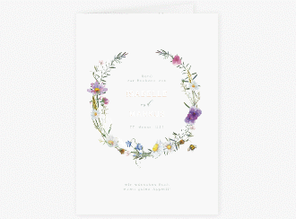 Klick: Details zu Menükarte Hochzeit "Blumengarten" anzeigen Menükarte Hochzeit Blumengarten A5 Klappkarte hoch bunt mit Blumenkranz und Hummel