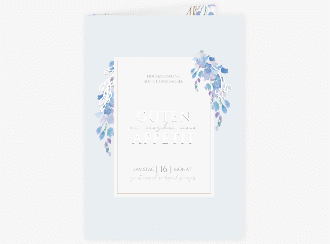 Menükarte Hochzeit Blauregen A5 Klappkarte hoch blau mit Wisteria-Blüten