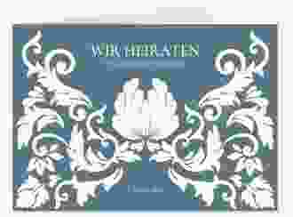 Hochzeitseinladung Royal mittlere Klappkarte quer blau mit barockem Blumen-Ornament