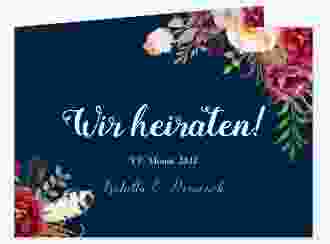 Hochzeitseinladung Flowers mittlere Klappkarte quer blau mit bunten Aquarell-Blumen