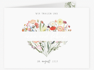Klick: Details zu Hochzeitseinladung "Wildblumenherz" anzeigen Hochzeitseinladung Wildblumenherz mittlere Klappkarte quer bunt