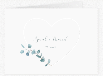 Klick: Details zu Hochzeitseinladung "Greenheart" anzeigen Hochzeitseinladung Greenheart mittlere Klappkarte quer grau mit elegantem Herz und Eukalyptus-Zweig