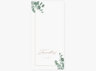 Klick: Details zu Tagesablauf Hochzeit "Eucalypt" anzeigen Tagesablauf Hochzeit Eucalypt lange Karte hoch weiss mit Eukalyptus und edlem Rahmen