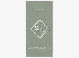 Menükarte Hochzeit Greenletter lange Karte hoch gruen mit Initialen in elegantem Goldrahmen mit Blättern