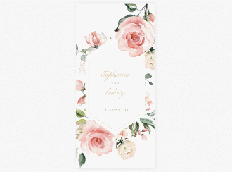 Klick: Details zu Tagesablauf Hochzeit "Graceful" anzeigen Tagesablauf Hochzeit Graceful lange Karte hoch weiss mit Rosenblüten in Rosa und Weiß