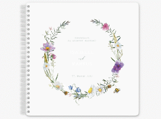 Klick: Details zu Gästebuch Hochzeit "Blumengarten" anzeigen Gästebuch Hochzeit Blumengarten Ringbindung weiss mit Blumenkranz und Hummel