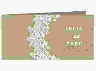 Dankeskarte Hochzeit Mariage lange Klappkarte quer beige mit Bogen aus weißer Spitze