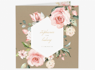 Klick: Details zu Hochzeitseinladung "Graceful" anzeigen Hochzeitseinladung Graceful quadr. Klappkarte Kraftpapier mit Rosenblüten in Rosa und Weiß
