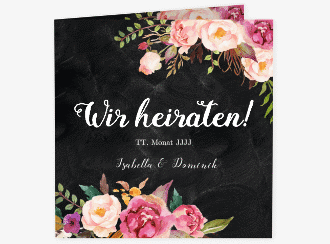Klick: Details zu Hochzeitseinladung "Flowers" anzeigen Hochzeitseinladung Flowers quadr. Klappkarte schwarz mit bunten Aquarell-Blumen