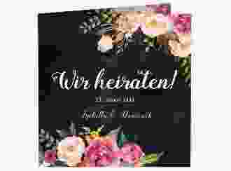 Hochzeitseinladung Flowers quadr. Klappkarte schwarz mit bunten Aquarell-Blumen