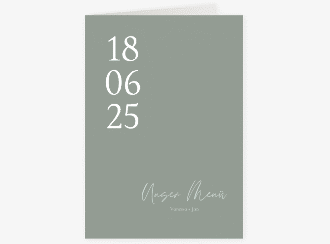 Klick: Details zu Menükarte Hochzeit "Day" anzeigen Menükarte Hochzeit Day A5 Klappkarte hoch gruen mit Datum im minimalistischen Design