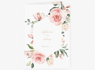 Klick: Details zu Menükarte Hochzeit "Graceful" anzeigen Menükarte Hochzeit Graceful A5 Klappkarte hoch weiss mit Rosenblüten in Rosa und Weiß