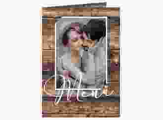 Menükarte Hochzeit Rustic A5 Klappkarte hoch braun in Holz-Optik mit Foto