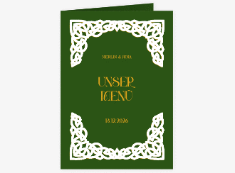 Klick: Details zu Menükarte Hochzeit "Celtic" anzeigen Menükarte Hochzeit Celtic A5 Klappkarte hoch gruen mit keltischem Knoten in irischen Farben