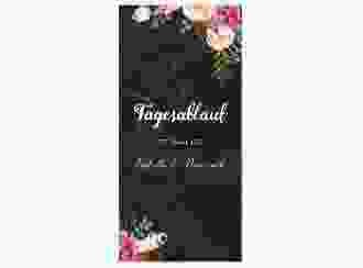 Tagesablauf Hochzeit Flowers lange Karte hoch schwarz mit bunten Aquarell-Blumen