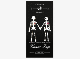 Klick: Details zu Tagesablauf Hochzeit "Bones" anzeigen Tagesablauf Hochzeit Bones lange Karte hoch schwarz mit Skelett-Ehepaar im Cartoon-Stil