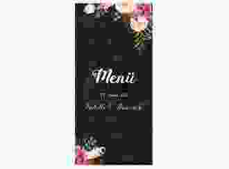 Menükarte Hochzeit Flowers lange Karte hoch schwarz mit bunten Aquarell-Blumen
