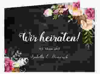 Hochzeitseinladung Flowers mittlere Klappkarte quer schwarz mit bunten Aquarell-Blumen