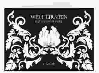 Hochzeitseinladung Royal mittlere Klappkarte quer schwarz mit barockem Blumen-Ornament