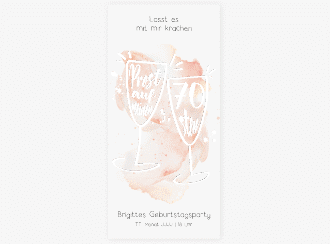 Einladung 70. Geburtstag Sektgläser lange Karte hoch rot mit zwei Champagner-Gläsern auf Aquarell-Hintergrund