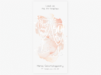 Einladung 50. Geburtstag Sektgläser lange Karte hoch rot mit zwei Champagner-Gläsern auf Aquarell-Hintergrund