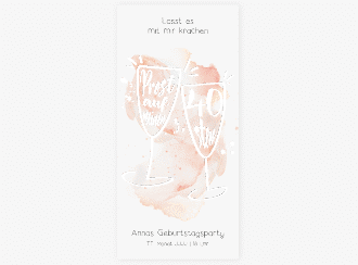 Einladung 40. Geburtstag Sektgläser lange Karte hoch rot mit zwei Champagner-Gläsern auf Aquarell-Hintergrund